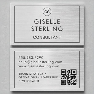 QR Code Consultant Brushed Silver Monogram  Business Card