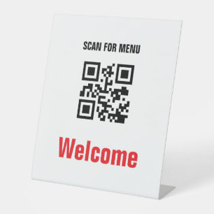 QR Code Contactless Scannable Menu Black White Pedestal Sign
