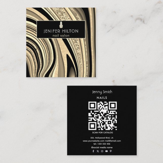QR code Contemporary  gold agate geode nail salon Square Business Card (Front/Back)