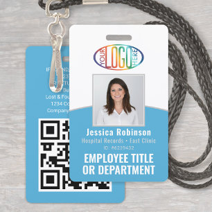 QR Code Corporate Logo Employee Photo Light Blue ID Badge