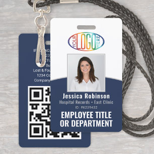 QR Code Corporate Logo Employee Photo Navy Blue ID Badge