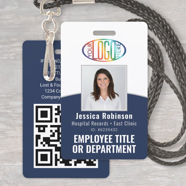 QR Code Corporate Logo Employee Photo Navy Blue ID Badge (Creator Uploaded)