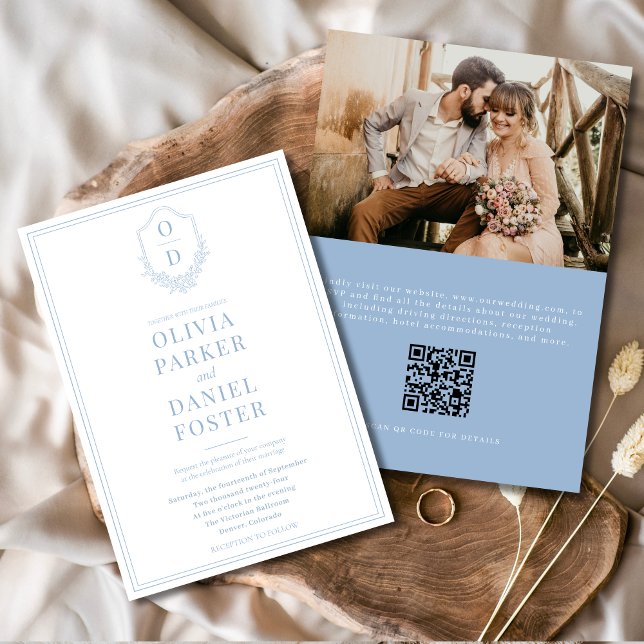 QR Code Crest Dusty Blue Photo Modern Wedding Invitation (Creator Uploaded)