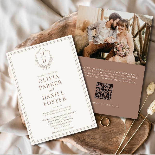 QR Code Crest Mocha Brown Photo Modern Wedding Invitation (Creator Uploaded)