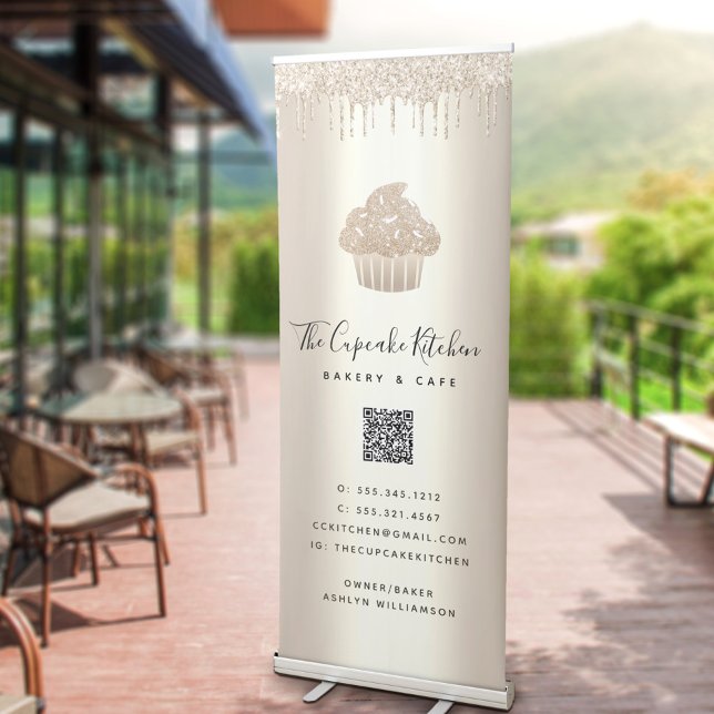 QR Code Cupcake Bakery Café Gold Glitter Drips Retractable Banner (Creator Uploaded)