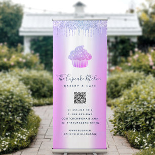 QR Code Cupcake Bakery Café Purple Glitter Drips Retractable Banner