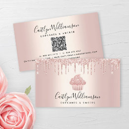 QR Code Cupcake Bakery Chef Glitter Drip Rose Gold Business Card