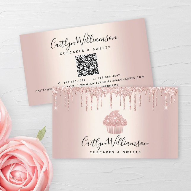 QR Code Cupcake Bakery Chef Glitter Drip Rose Gold Business Card (Creator Uploaded)