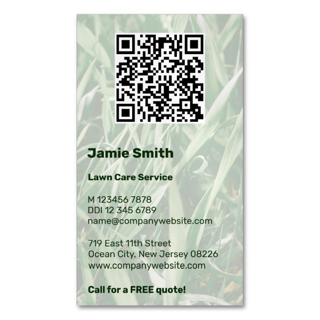QR Code Custom Photo Green Lawn Care Magnetic Business Card (Front Vertical)