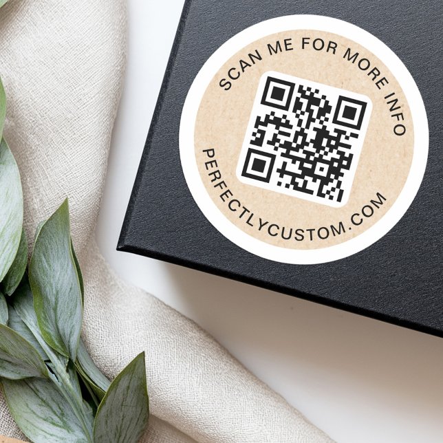 QR code custom text Kraft paper look white border Classic Round Sticker (QR code custom text Kraft paper look white border Classic Round Sticker)