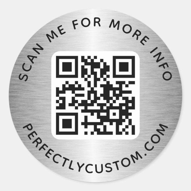 QR code custom text silver gray gradient Classic Round Sticker (Front)