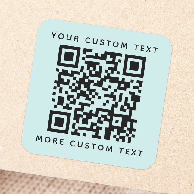 QR code custom text top bottom light aqua blue Square Sticker (Creator Uploaded)