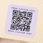 QR code custom text top bottom light purple Square Sticker<br><div class="desc">Light lavender purple, square stickers with your QR code and custom text, one line at the top and one at the bottom. Change fonts and colours, move and resize elements with the design tool. NOTE! YOU NEED TO REPLACE THE QR CODE TEMPLATE WITH YOUR OWN QR CODE! Follow us on...</div>