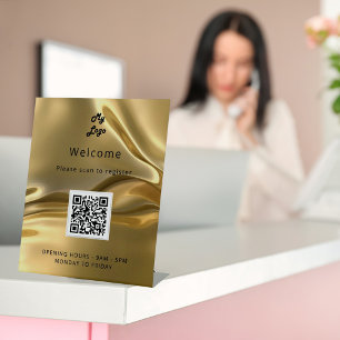 QR code customer registration gold metal welcome Pedestal Sign