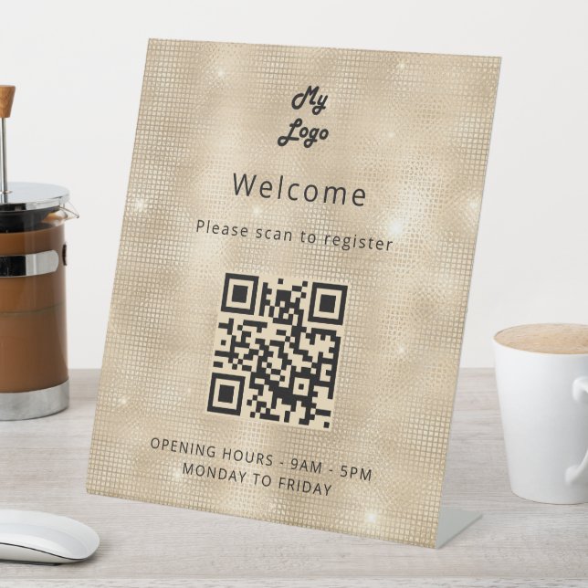 QR code customer registration gold welcome Pedestal Sign (In SItu)