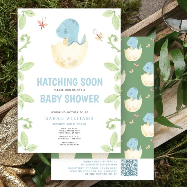 QR Code Cute Dinosaur Hatching Soon Baby Shower Invitation (Get ready for a Jurassic celebration with our adorable dinosaur baby shower invitations! 🦕)