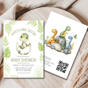 QR Code Cute Dinosaur Hatching Soon Baby Shower Invitation