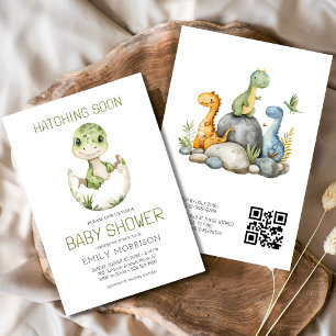 QR Code Cute Dinosaur Hatching Soon Baby Shower Invitation
