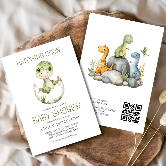 QR Code Cute Dinosaur Hatching Soon Baby Shower Invitation (Creator Uploaded)