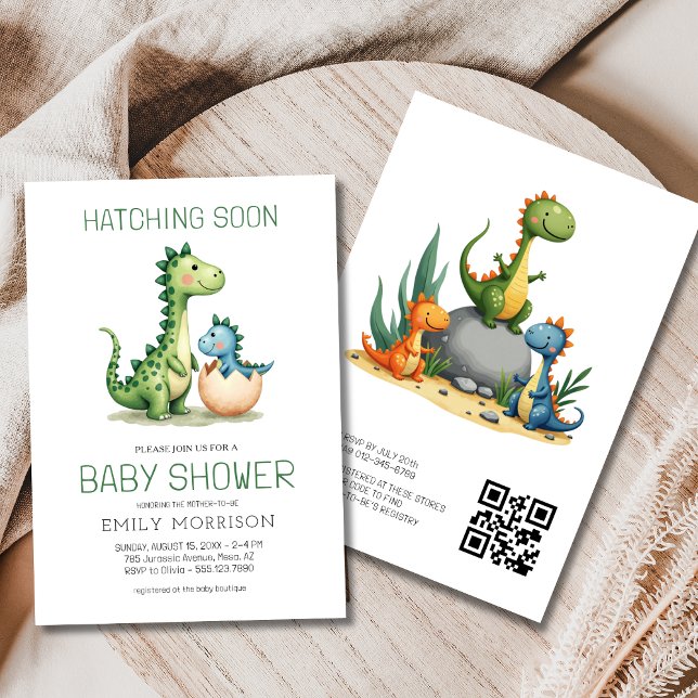 QR Code Cute Dinosaur Hatching Soon Baby Shower Invitation (Creator Uploaded)