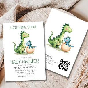 QR Code Cute Dinosaur Hatching Soon Baby Shower Invitation