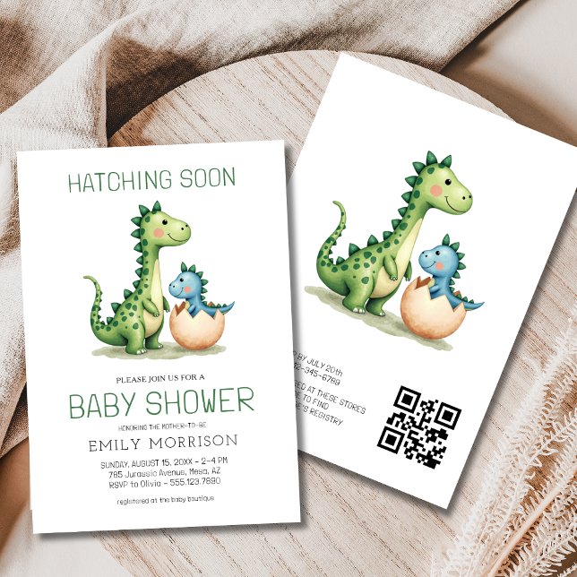 QR Code Cute Dinosaur Hatching Soon Baby Shower Invitation (Creator Uploaded)