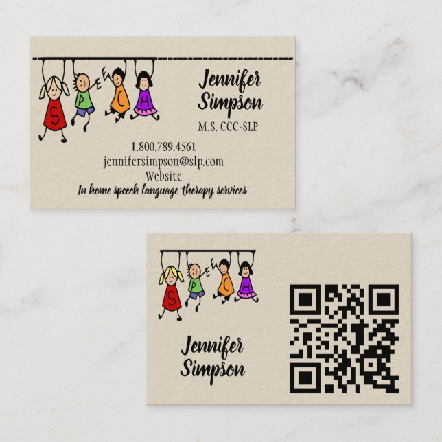 QR Code Cute Kids Cartoon Holding Speech Words Business Card (Front/Back)