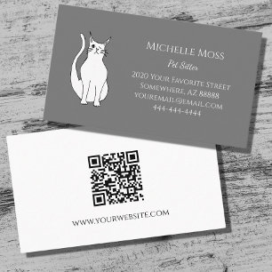QR code Cute Winking Cat Pet Sitter Grey Business Card