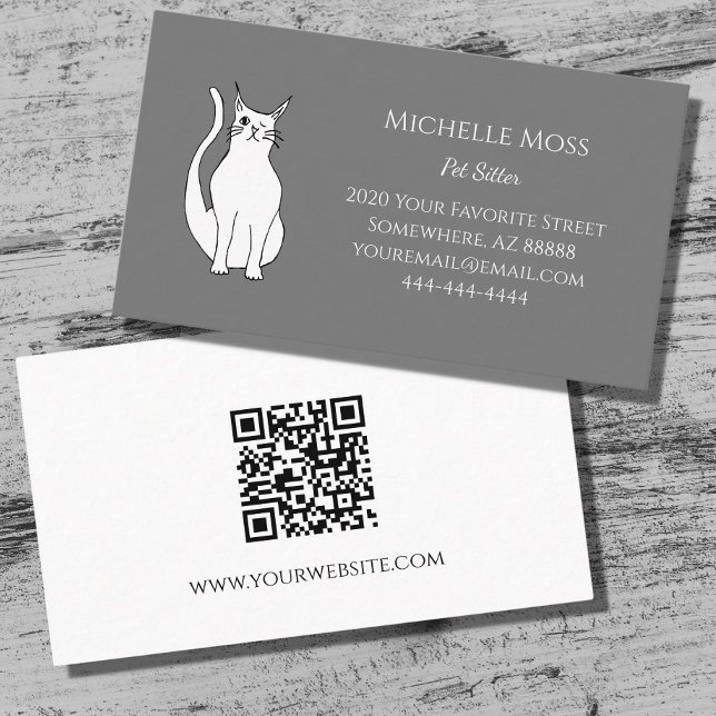 QR code Cute Winking Cat Pet Sitter Grey Business Card (Creator Uploaded)