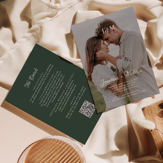 QR Code Dark Green Budget Monogram Overlay Wedding Invitation (Creator Uploaded)