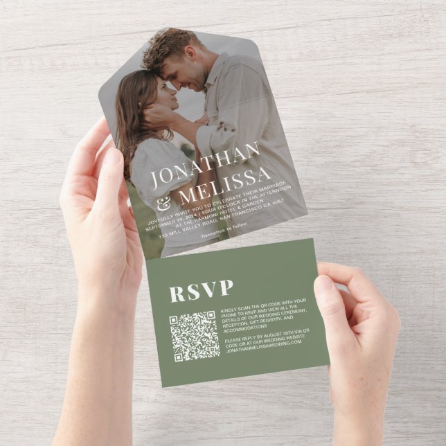 QR Code |  Deep Sage Green Overlay Photo Wedding All In One Invitation (Tearaway)