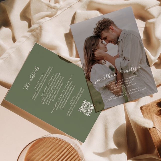 QR code Deep Sage Green Photo Script Wedding Invitation (Creator Uploaded)