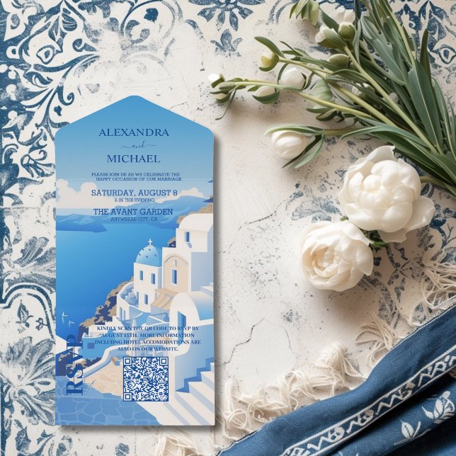 Qr Code Destination Greece Santorini Wedding All In One Invitation (Creator Uploaded)
