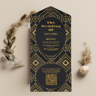 QR Code Diamond Black and Gold Art Deco Wedding All In One Invitation