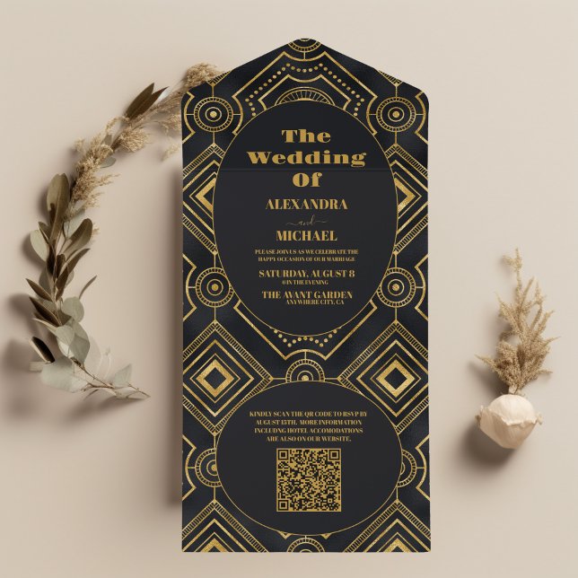 QR Code Diamond Black and Gold Art Deco Wedding  All In One Invitation (Creator Uploaded)