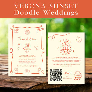 QR Code Doodle Hand Drawn Verona Sunset Orange Invitation