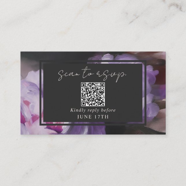 QR Code Dramatic Wedding RSVP Purple Floral Grey Enclosure Card (Front)
