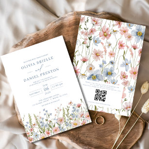 QR Code Dusty Blue Blush Pink Wildflower Wedding Invitation