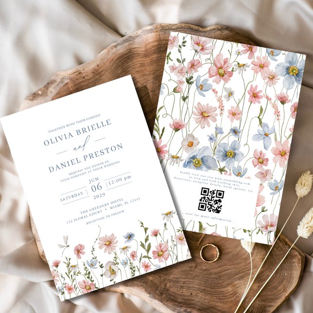 QR Code Dusty Blue Blush Pink Wildflower Wedding Invitation (Creator Uploaded)