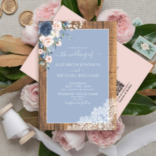 QR Code Dusty Blue Blush Rustic Wood Lace Wedding Invitation