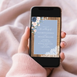 QR Code Dusty Blue Blush Rustic Wood Lace Wedding Invitation