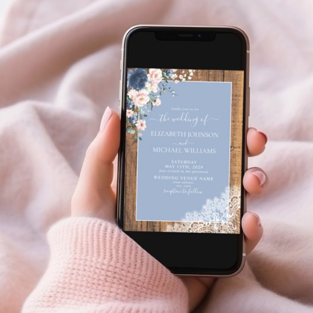 QR Code Dusty Blue Blush Rustic Wood Lace Wedding Invitation (Creator Uploaded)