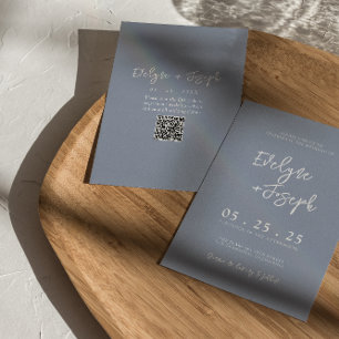 QR Code Dusty Blue Boho Chic Modern Wedding Invitation