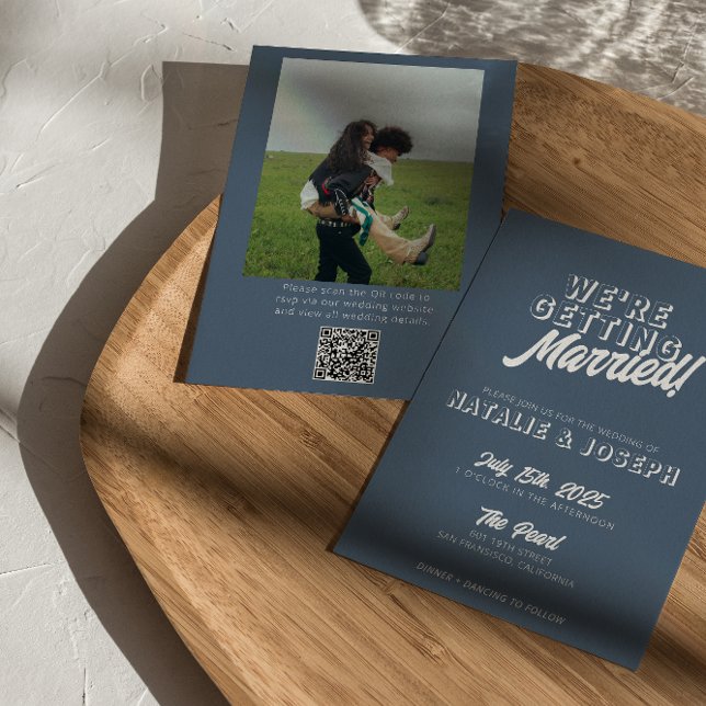 QR Code Dusty Blue Bold Funky Photo Fun Wedding  Invitation (Creator Uploaded)