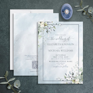 QR Code Dusty Blue Botanical Greenery Watercolor  Invitation