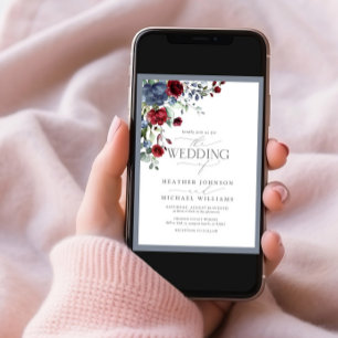 QR Code Dusty Blue Burgundy Watercolor Floral Invitation