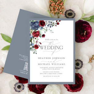 QR Code Dusty Blue Burgundy Watercolor Floral Invitation