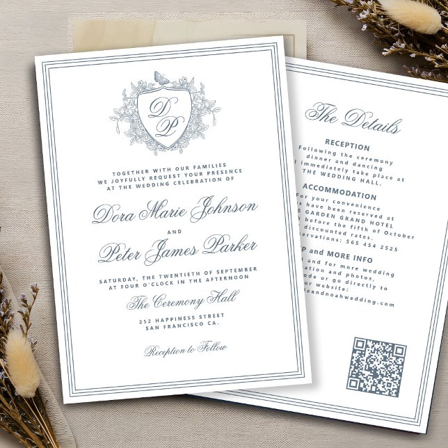 QR code dusty blue crest monogram wedding Invitation (Creator Uploaded)