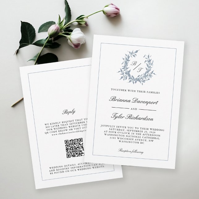 QR Code Dusty Blue Crest Monogram Wedding Invitation (Available in both printed and paperless digital download format!)