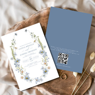 QR Code Dusty Blue Elegant Garden Vintage Wedding Invitation